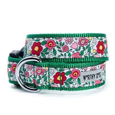 Floral patterned dog collar with green accents on a white background