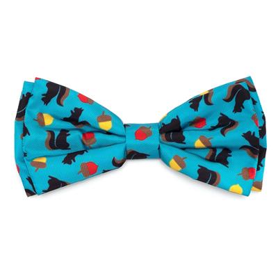 Blue bow tie with squirrel & acorns patterns on white background