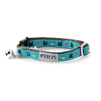 Cat collar with colorful design and 'Worthy Dog' tag on a white background
