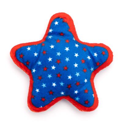 Star-shaped toy with red, white, and blue pattern on a white background