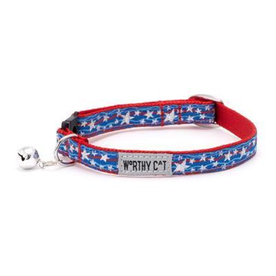 Cat collar with American flag pattern and 'Worthy Cat' branding on a white background