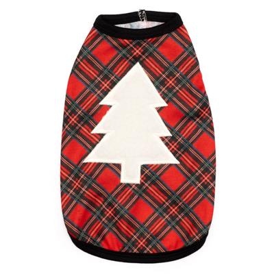 Red plaid pet shirt with a white Christmas tree design on a white background
