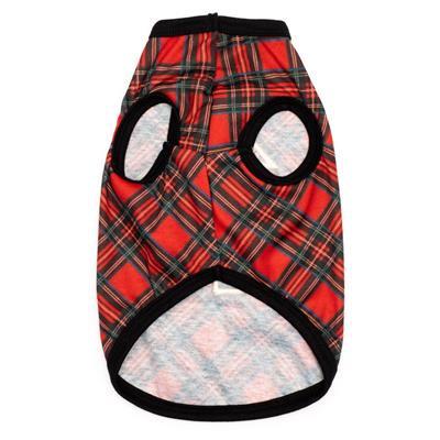 Red plaid dog shirt with black accents on a white background