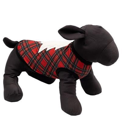 Black dog toy with a red plaid pattern shirt on a white background