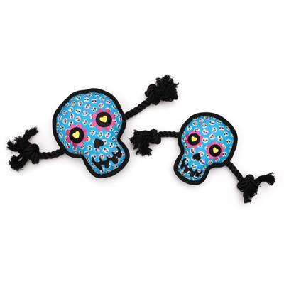 Colorful skull-shaped dog toy with black rope on a white background