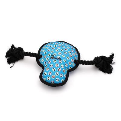 Dog toy with blue paw pattern and black ropes on a white background