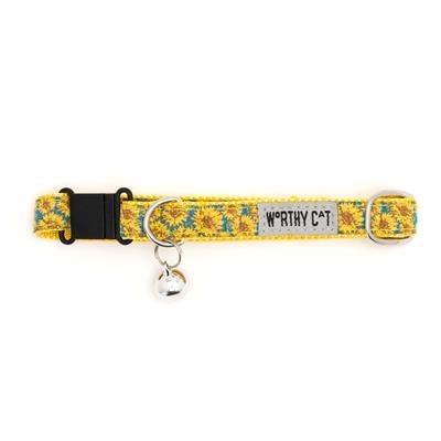 Sunflower-patterned cat collar with a bell on a white background
