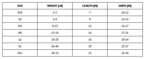 Size chart for clothing with weight, length, and girth measurements.