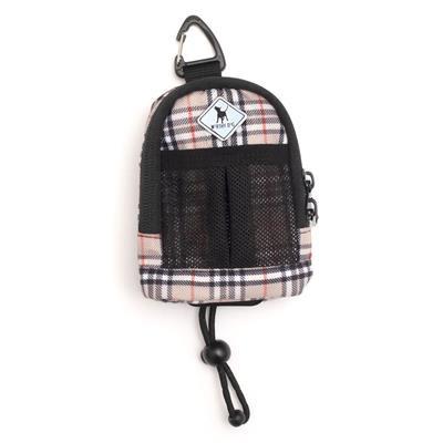 Tan plaid pet poop bag dispenser resembling a backpack with carabiner on white background