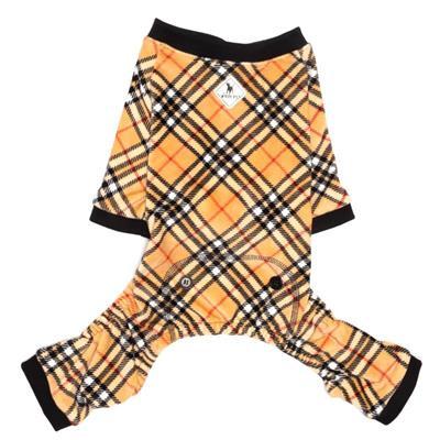 Plaid dog pajama with black trim on a white background
