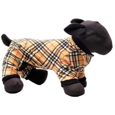 Dog mannequin wearing a pair of plaid dog pajamas with black trim on a white background