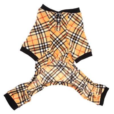 Plaid dog onesie with orange, black, and white pattern on a white background