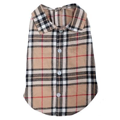 Tan plaid dog shirt on white background