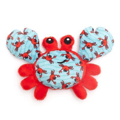 Plush crab toy with red body and blue shell on a white background