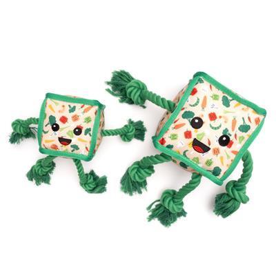 Two colorful dog toys with rope on a white background