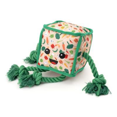 Cube-shaped toy with a face design and green rope on a white background