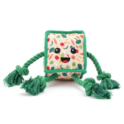 Dog toy with a colorful face design and green rope on a white background