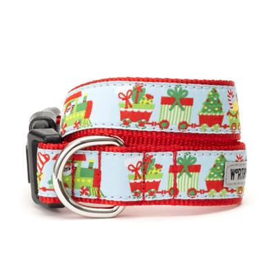 Dog collar with Christmas-themed design featuring trains and presents on a white background