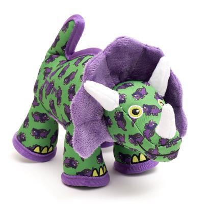 Plush dinosaur toy with green and purple pattern on a white background
