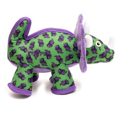 Green dinosaur toy with purple pattern on a white background