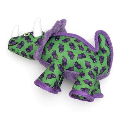 Green dinosaur toy with purple accents on a white background