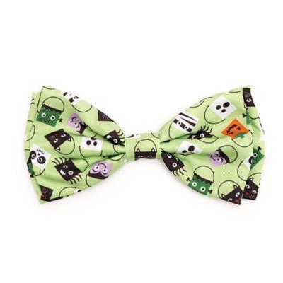 Green bow tie with black cat pattern on a white background