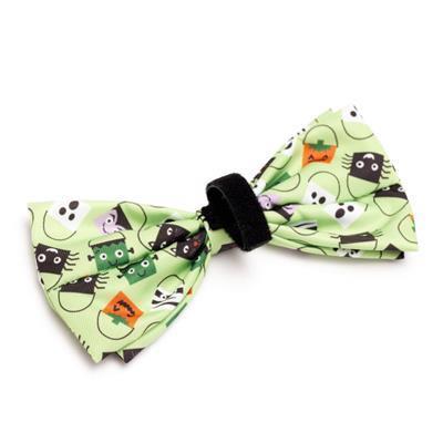 Green bow tie with black cat pattern on a white background