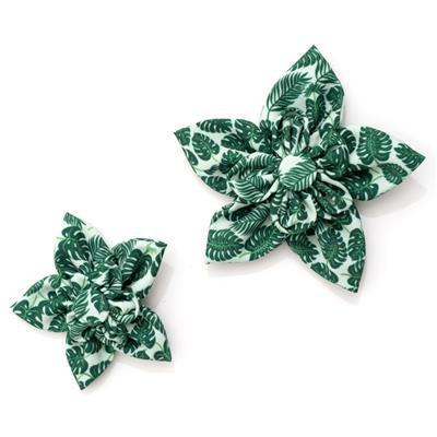 Two green collar flowers with tropical pattern on white background