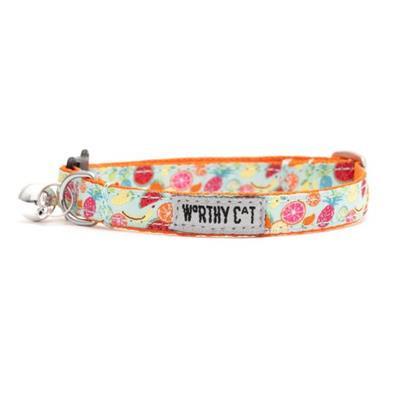 Floral patterned cat collar with 'Worthy Cat' tag on a white background