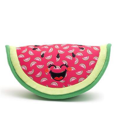 Toy shaped like a watermelon with a face on a white background