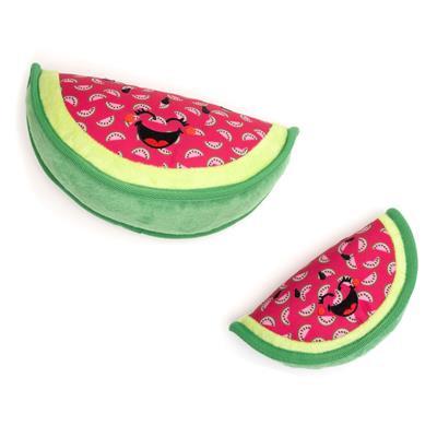 Two watermelon-themed dog toys on a white background