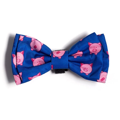 Blue bow tie with pink pig pattern on a white background