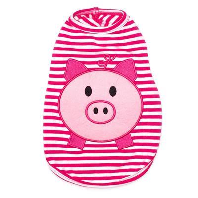 Pink and white striped pet t-shirt with a pig design on a white background