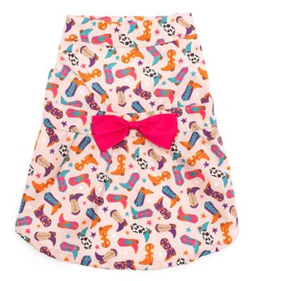 Dog dress with colorful boot pattern and pink bow on a white background