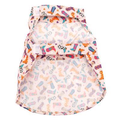 Dog dress with velcro closures around neck and stomach on a white background