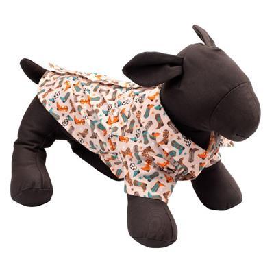 Black plush toy dog wearing a patterned shirt patterned with boots on a white background