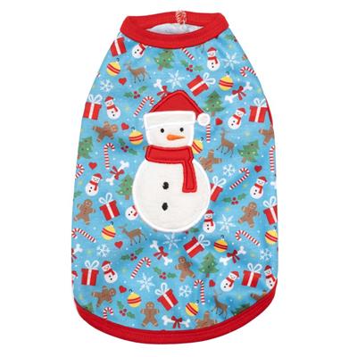 Dog shirt with Christmas-themed design featuring a snowman on a blue background.
