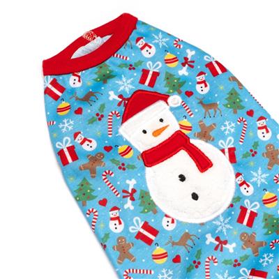 Christmas-themed dog shirt with snowman design on a blue background
