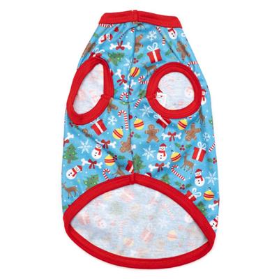 Christmas-themed dog shirt with red trim on a white background