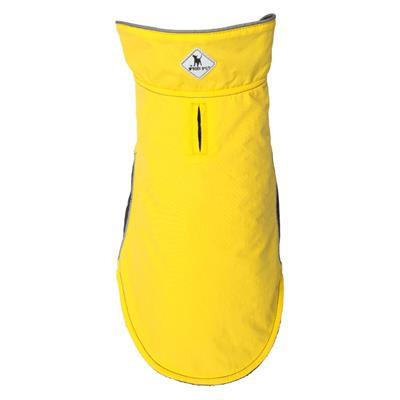 Yellow dog coat with a brand logo on a white background