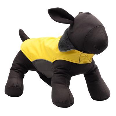 Black plush dog toy with a yellow jacket on a white background