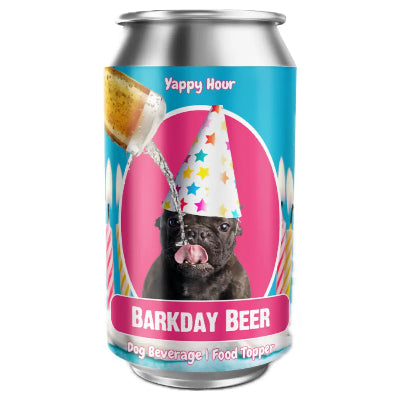 Can of 'Barkday Beer' with a dog wearing a party hat on a blue background