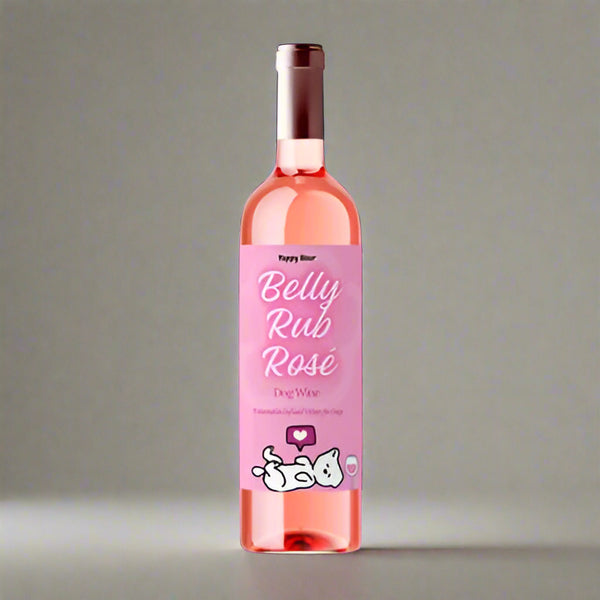 Bottle of 'Belly Rub Rosé' wine with a pink label on a pink background