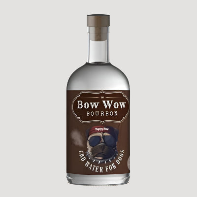 Bow Wow Bourbon bottle with a label on a brown background