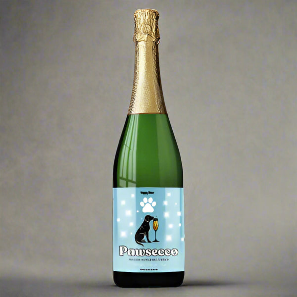 Bottle of Pawsecco with a gold cap on a turquoise background