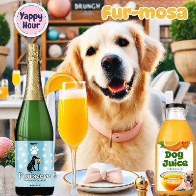Dog with a bottle of 'Pawsecco' and a glass of orange juice, with 'Yappy Hour' and 'Fur-mosa' branding.