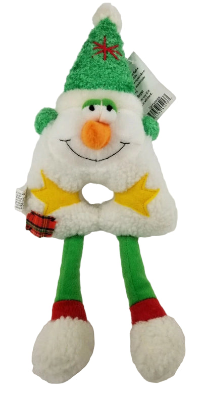 Plush toy resembling a snowman with green hat and white body on a white background