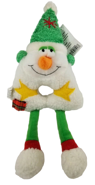 Plush toy resembling a snowman with green hat and white body on a white background