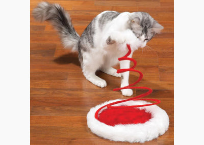 Cat playing with a red and white cat toy on a wooden floor