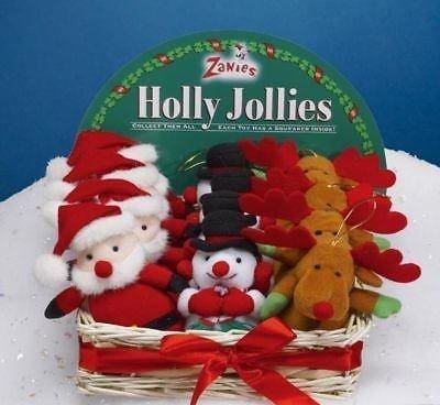 Set of Christmas-themed figurines including Santa, snowman, and reindeer in a basket with Zanies packaging.